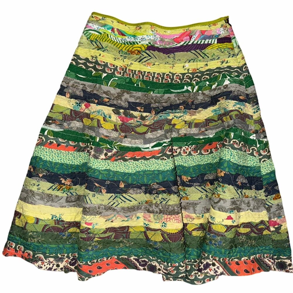 Asha Lagenlook Quilted Patchwork Raw Edge Midi Skirt Green Multi Cotton Small